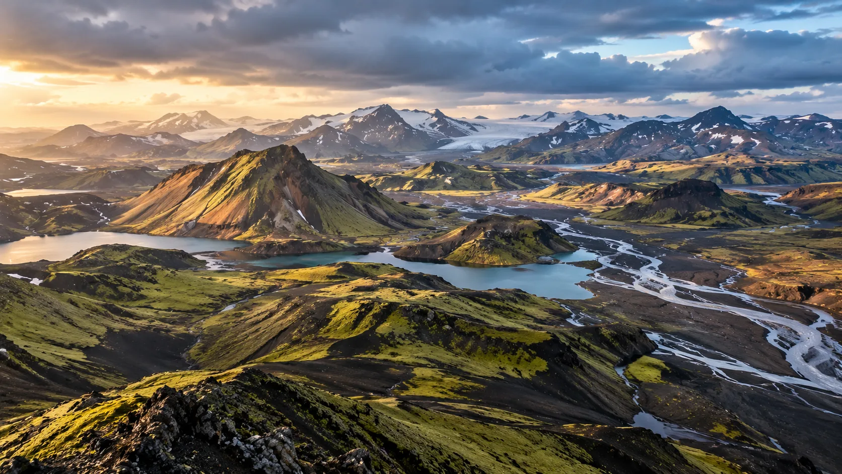 Highland lakes, braided rivers and glaciers in the Fjallabak Nature Reserve