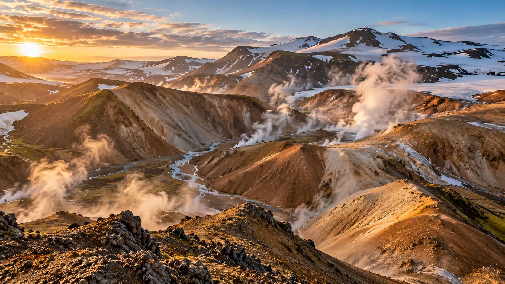 Steaming geothermal vents among ochre mountains in Kerlingarfjöll