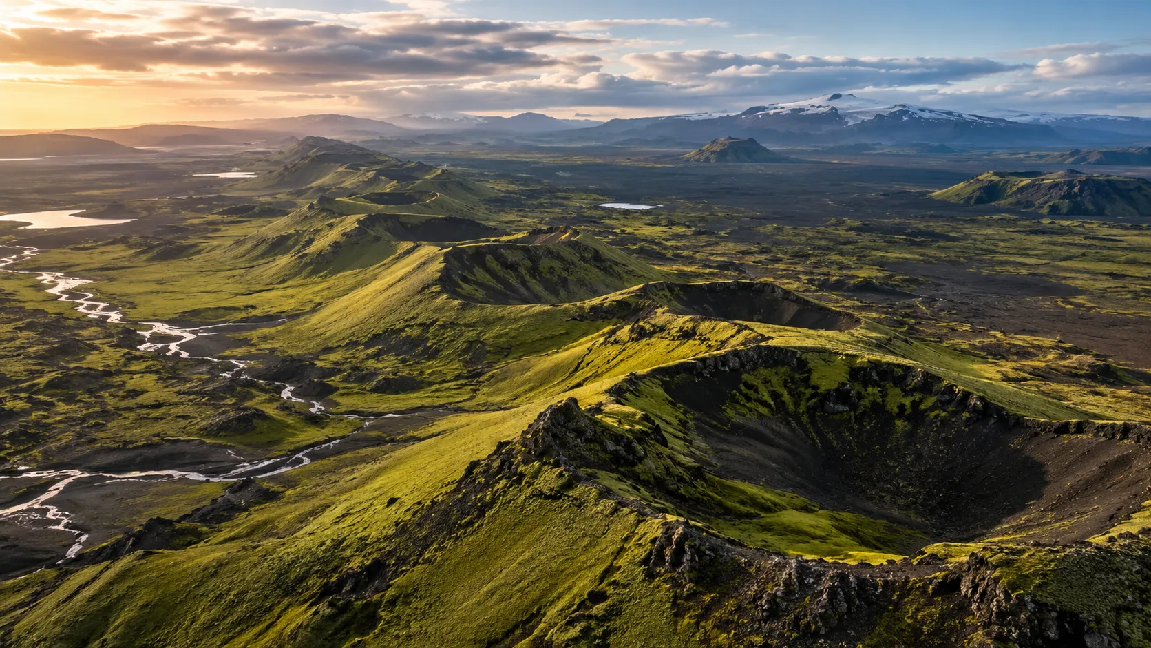 The moss-covered crater row of Lakagígar in evening light