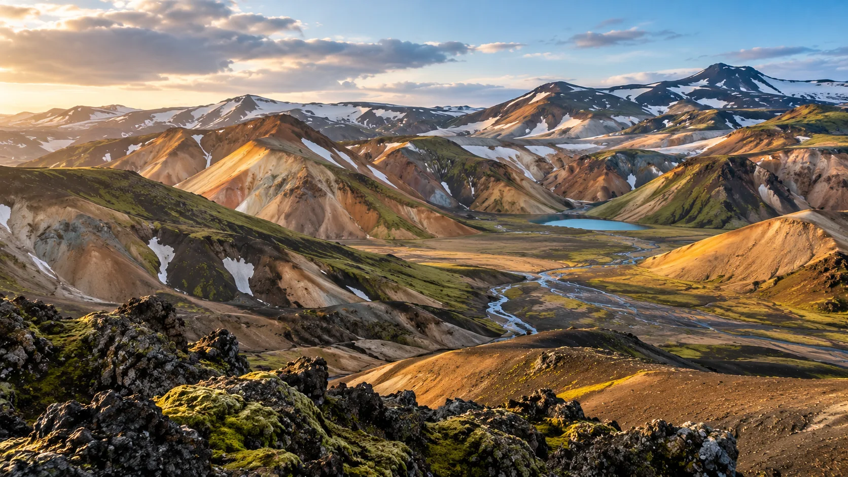 Colourful rhyolite mountains and a blue lake in Landmannalaugar