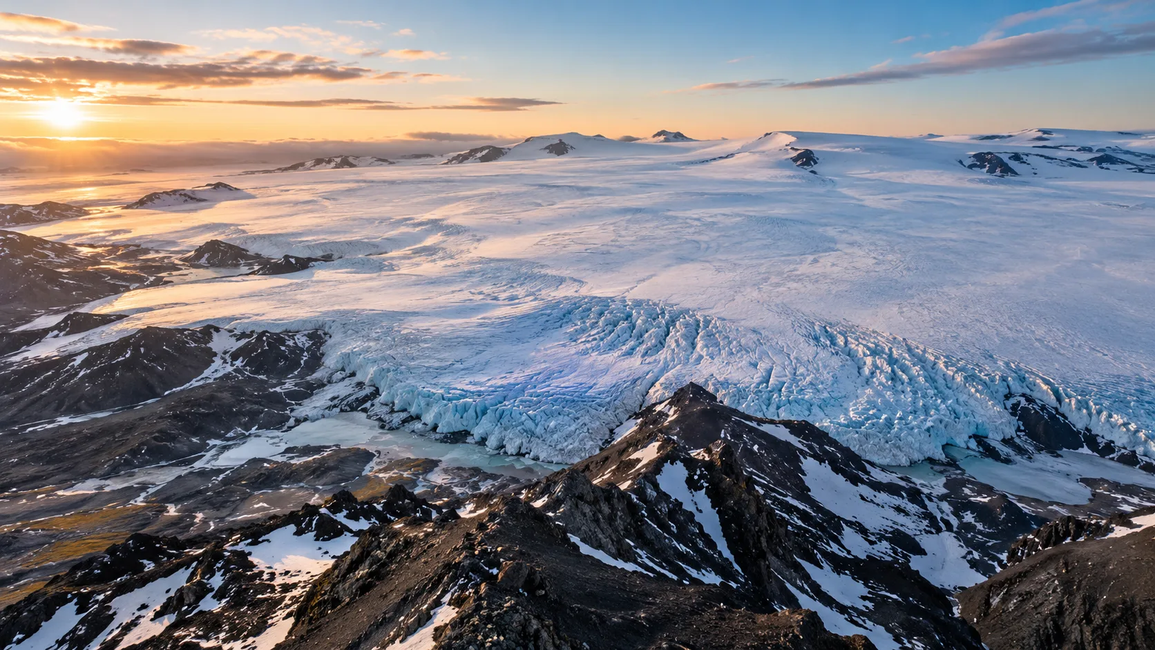 The Langjökull ice cap and its crevassed glacier edge at sunset