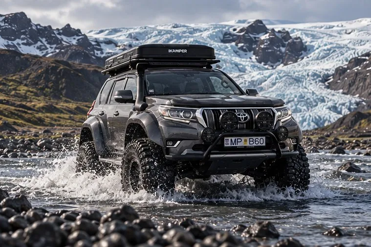 Super jeep on 42-inch tyres crossing a glacial river below a glacier in Iceland