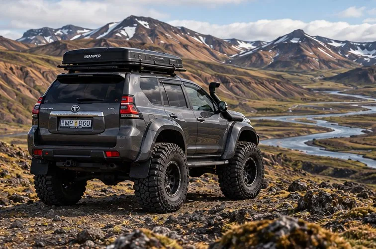 Super jeep overlooking the colourful rhyolite mountains and braided rivers of the Icelandic highlands
