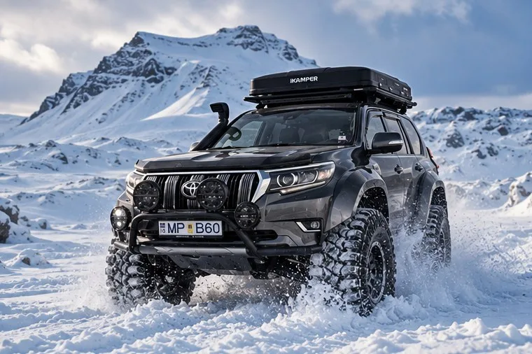 Super jeep driving through deep snow below a mountain on a winter tour in Iceland