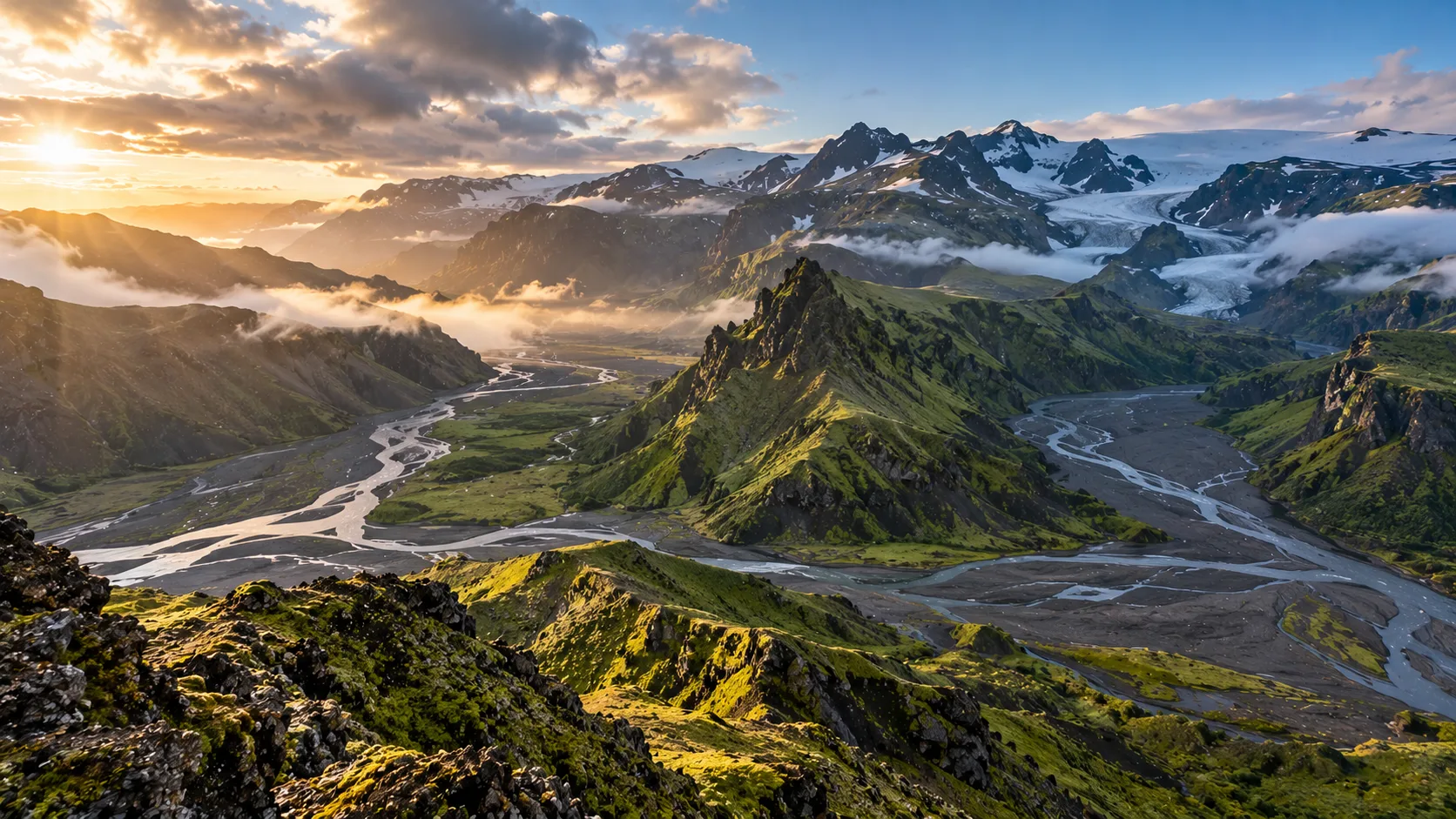 Glaciers and braided glacial rivers seen from a mossy ridge in Þórsmörk at sunrise
